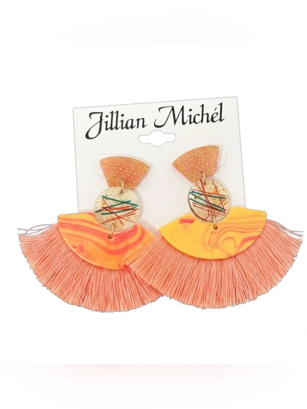 Jillian Michel Coral & Yellow Statement Fringe Earrings